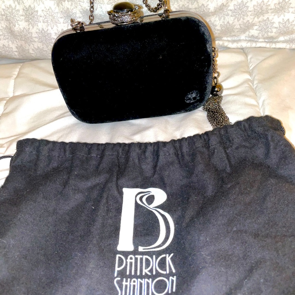 Patrick Shannon velvet clutch with detachable shoulder strap.